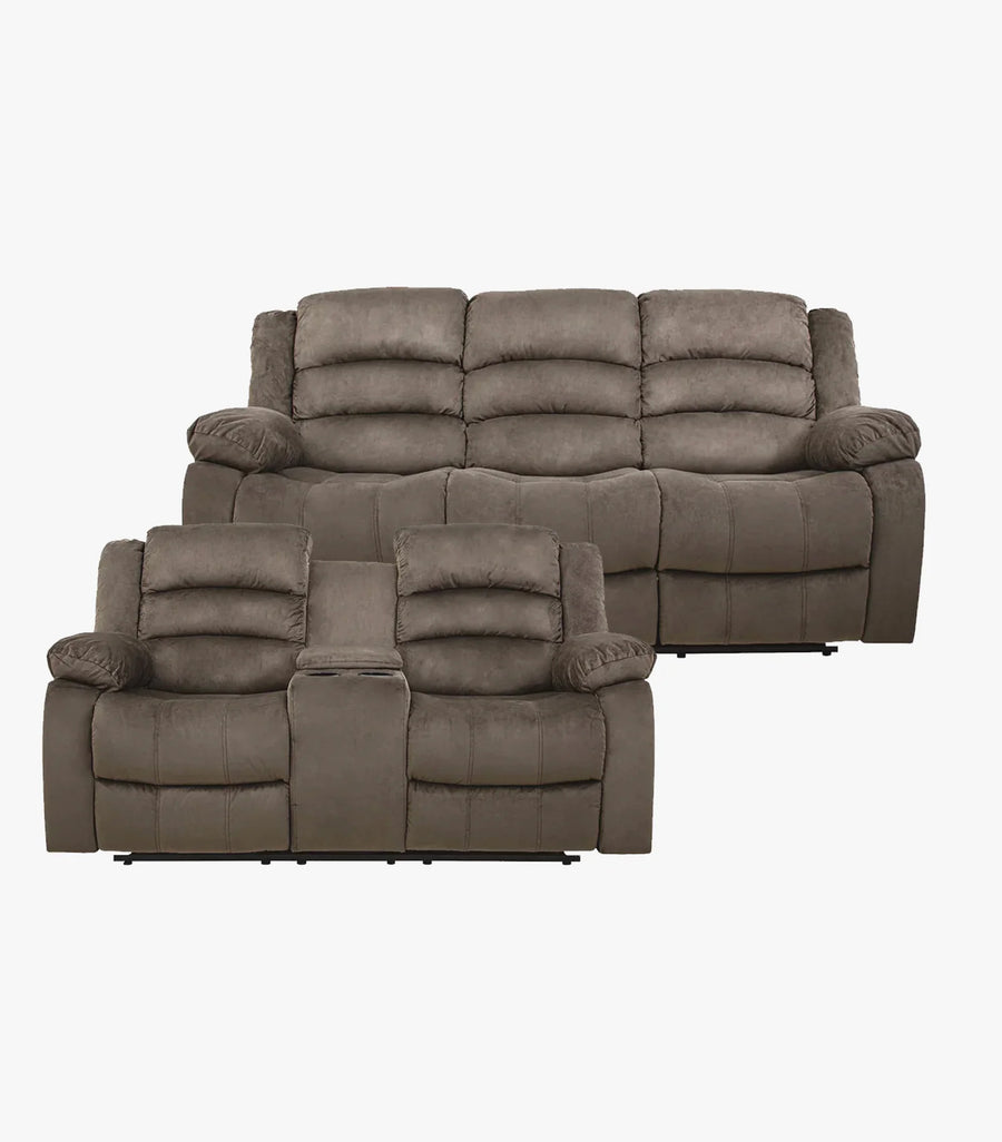 Sala reclinable Lubeck de tela color café con sofá y loveseat de estilo moderno y cómodo, marca Avanti Muebles.