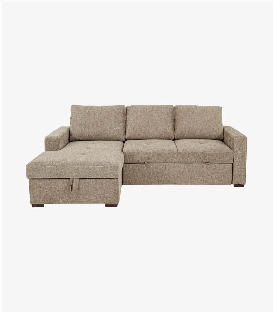 Sala esquinera con cama Roxwell en tela café de la marca Avanti Muebles, mostrando su diseño en tonos marrón y estructura moderna.