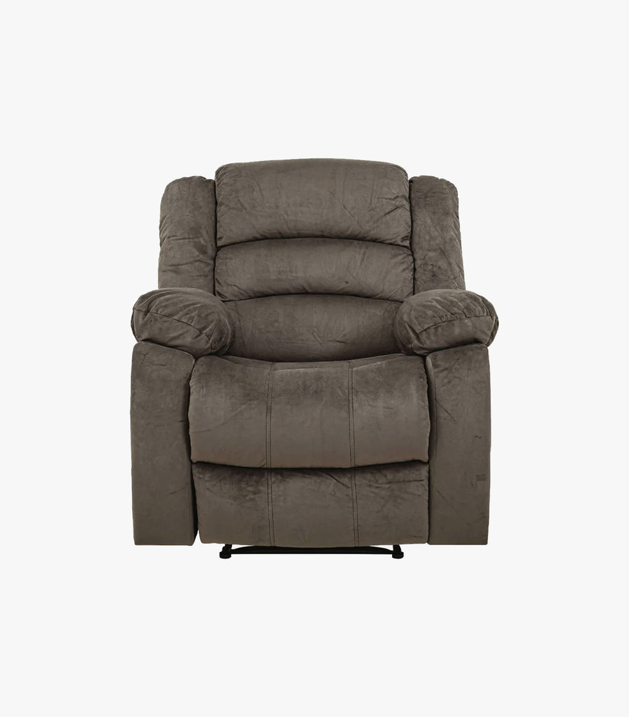 Sillón reclinable Lubeck Café de Avanti Muebles, vista frontal, con estructura de tela resistente y diseño cómodo.