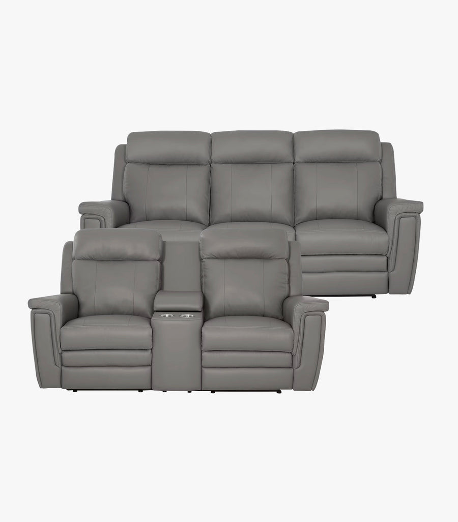 Sofá y loveseat reclinables Asher de piel gris, sala moderna de la marca Palliser, con asientos y respaldo cómodamente visibles.