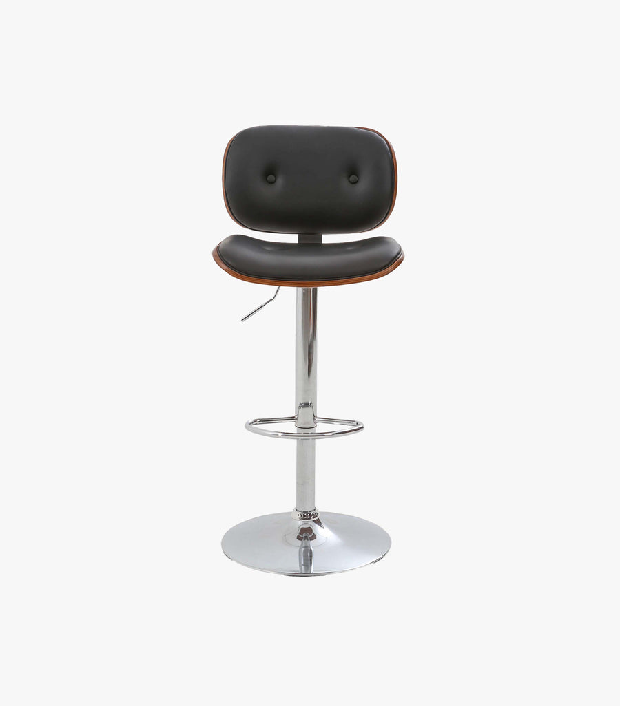 Banco para barra de vinipiel negro y madera de Avanti Muebles, vista frontal del asiento y estructura robusta.