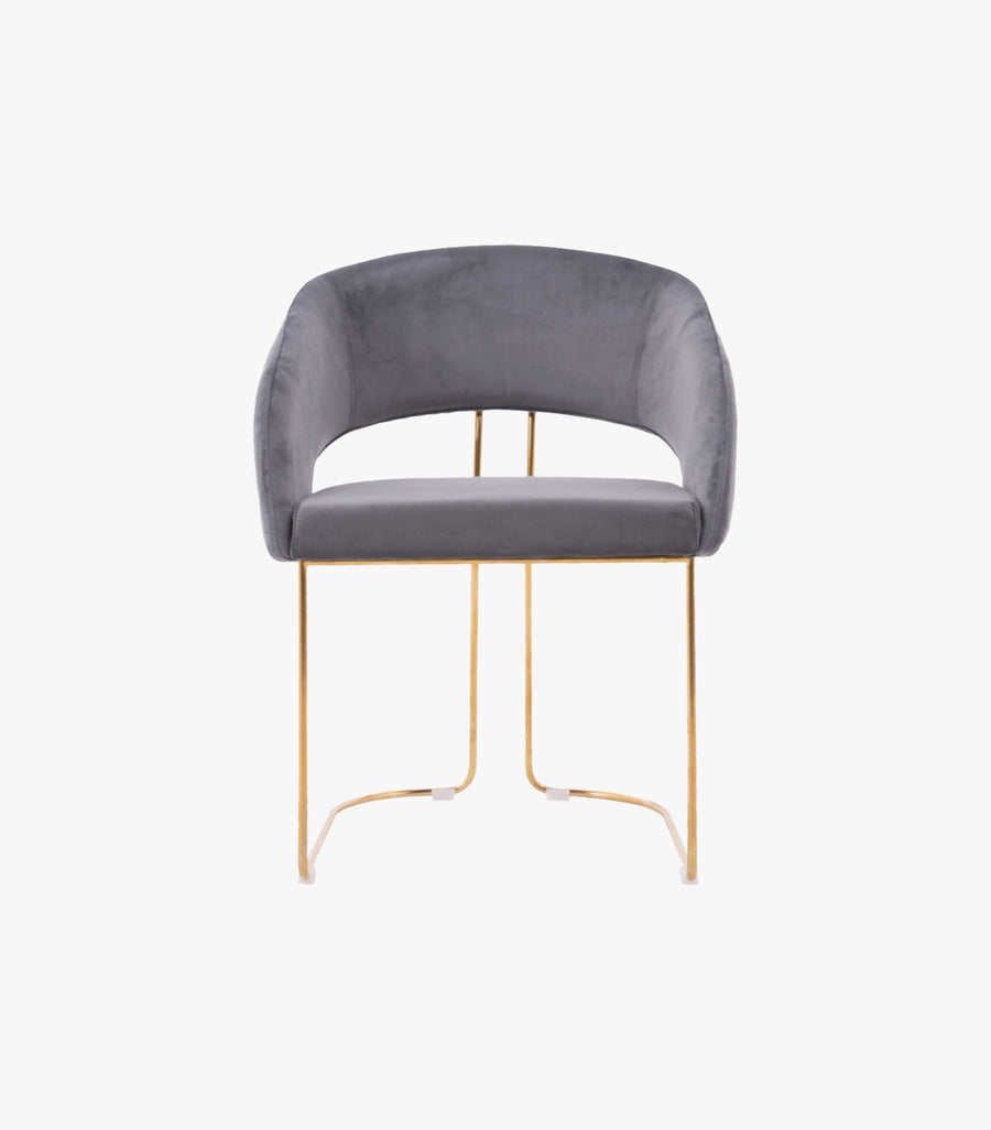 Silla Landon de metal y tela gris de la marca Avanti Muebles vista desde el frontal, con diseño moderno y estructura resistente.
