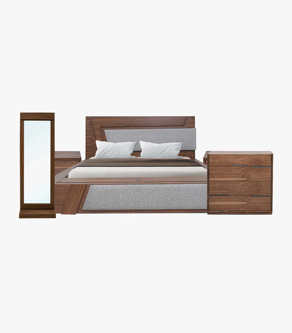 Recámara Matrimonial Dinant de madera color café - Cama, 2 burós, Cajonera y Espejo