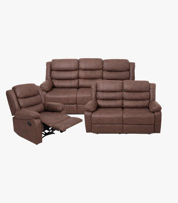 Sala Andrey de tela color café - sofá, Love seat y Reclinable.