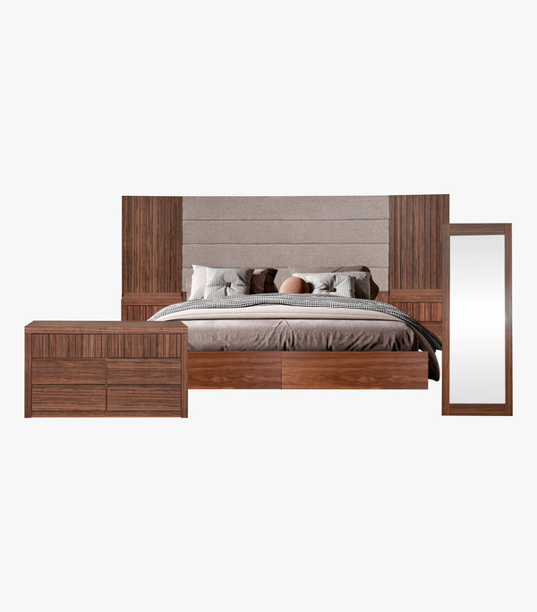 Recamara Yas King Size de madera - Cabecera, 2 buró, comoda y espejo.