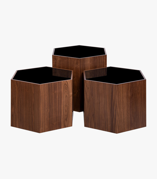 Mesa Centro Hexagono de madera con cristal color negro (3pzas)