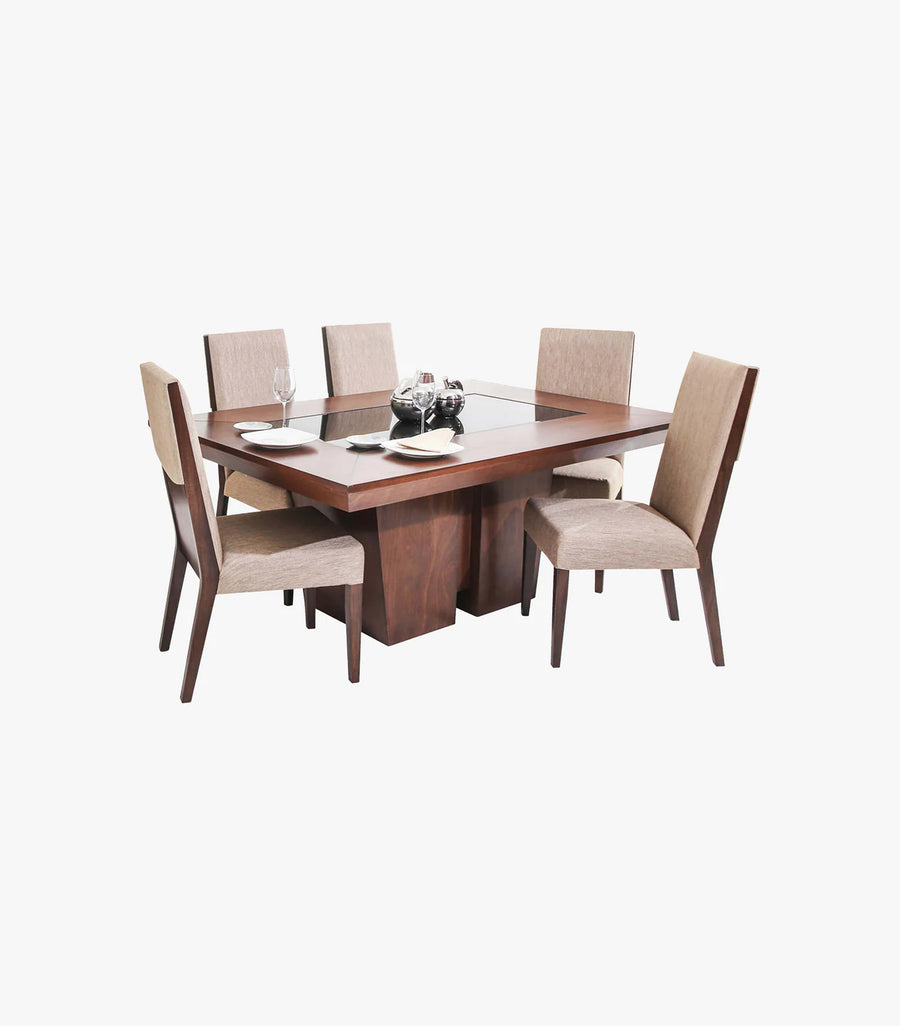 Conjunto de comedor rectangular para 6 personas Palax de madera color café con mesa y 6 sillas sin brazos, de la marca Avanti Muebles.