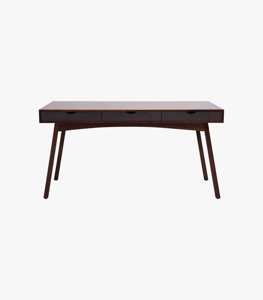 Escritorio Gendry de madera okumé y nogal color café, grande, con superficie de madera natural y diseño moderno.
