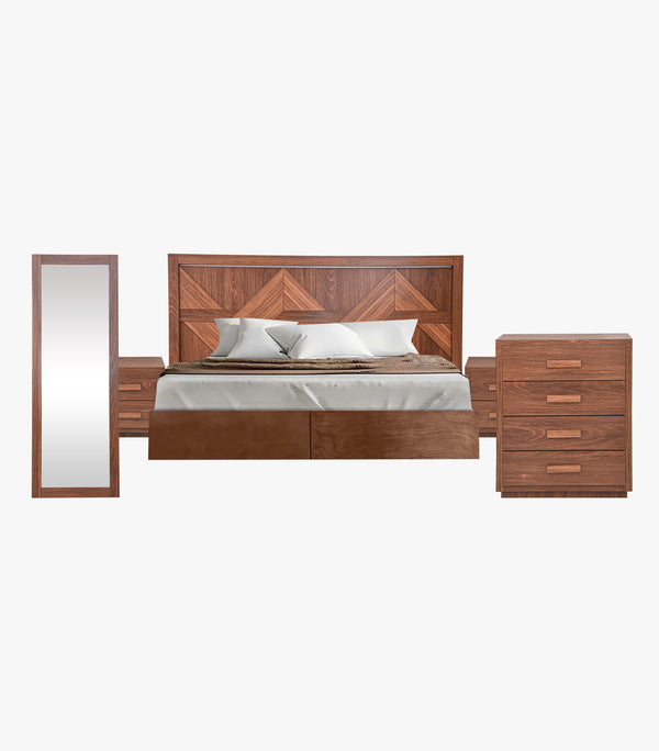 Recámara King Size Zara de madera nogal - Incluye Cabecera, 2 buro, cajonera y espejo.