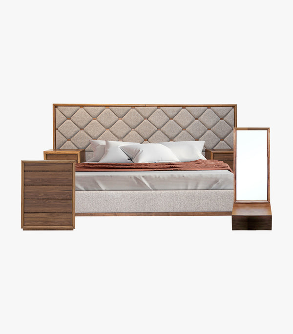 Cama King Size Praga con Acabado Nogal, Incluye 2 Burós, Cómoda y Espejo