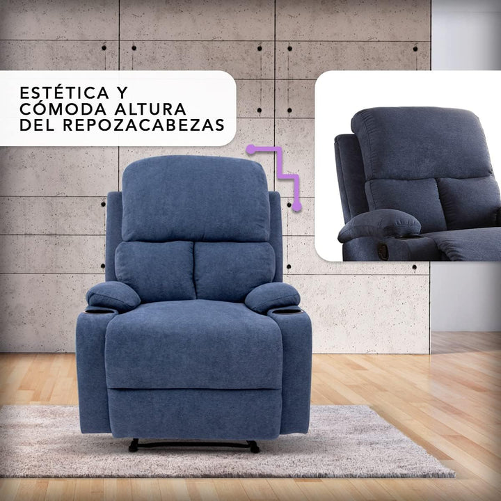 Sillon Reclinable Manual Brady azul– Comodidad y Estilo con Porta Vasos