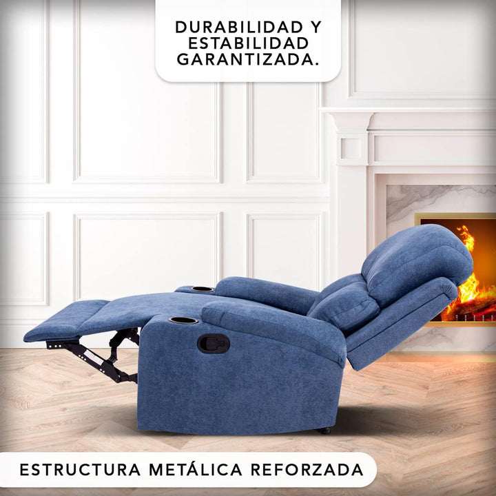 Sillon Reclinable Manual Brady azul– Comodidad y Estilo con Porta Vasos