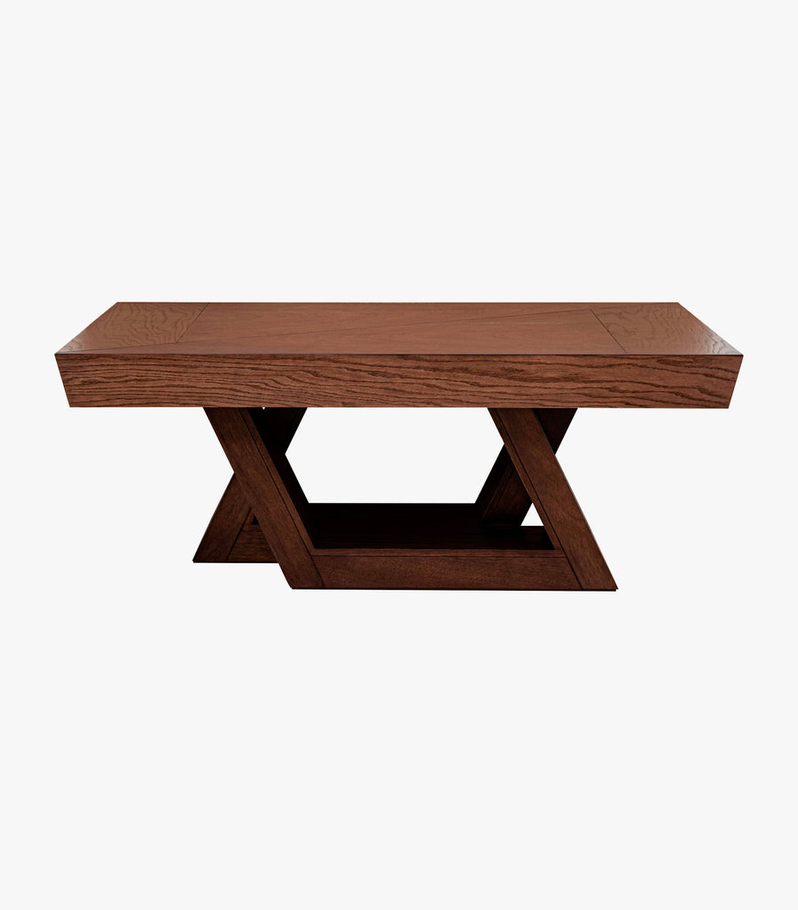 Mesa de centro Avanti Muebles Logger de madera de encino oscura, con acabado en marrón oscuro y diseño moderno.