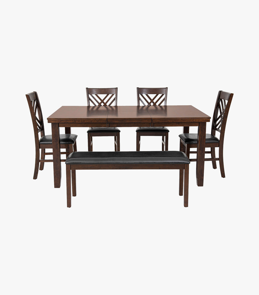 Conjunto de comedor rectangular Kenia de madera para 6 personas en color café, incluye mesa, 4 sillas sin brazos y banca.