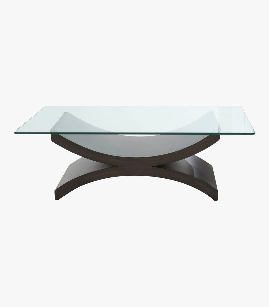 Mesa de centro Balance de madera y cristal color café de la marca Avanti Muebles, vista frontal.