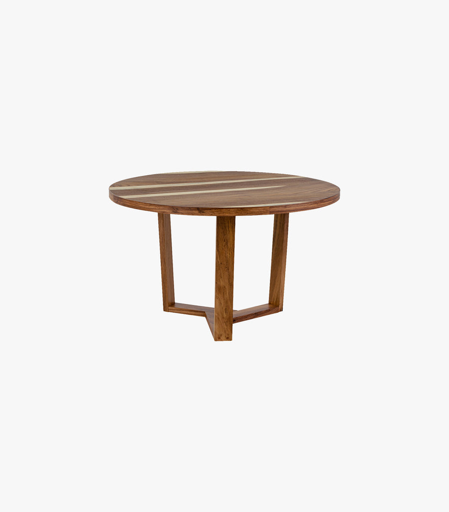 Mesa de madera Gala redonda para 4 personas, marca Avanti Muebles, con acabado en parota y diseño elegante.