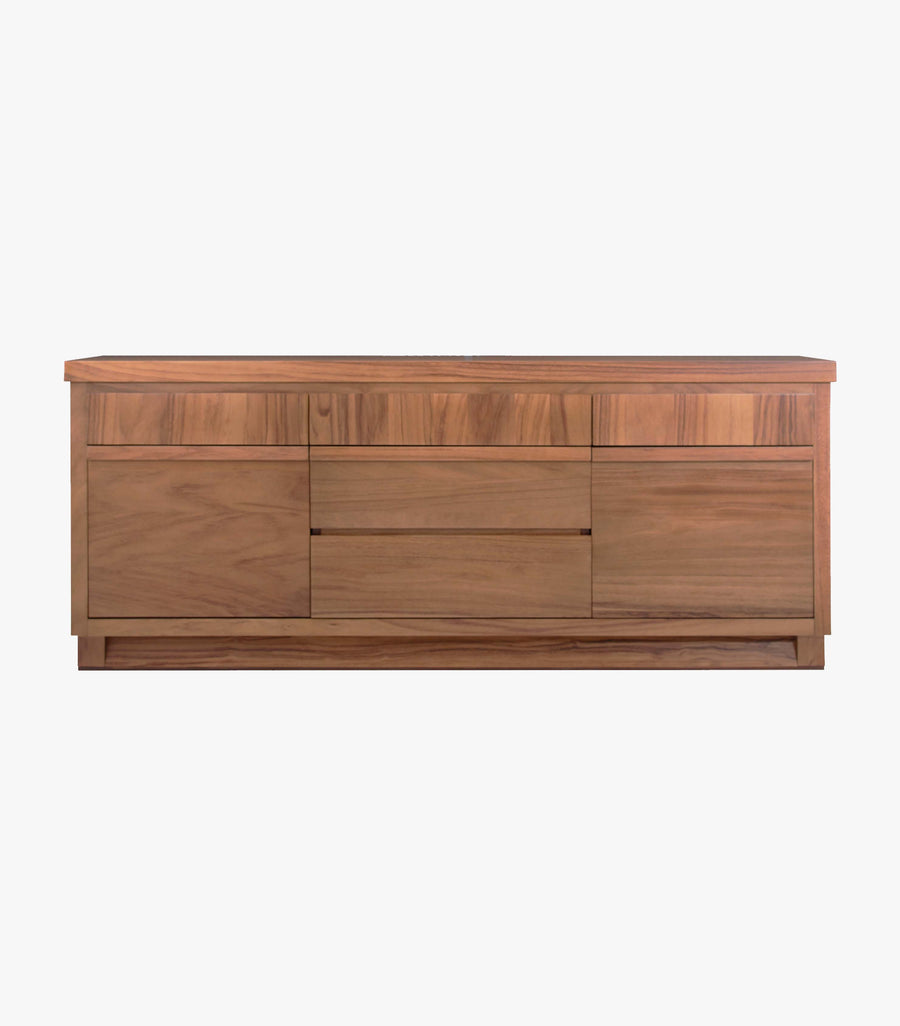 Bufetero Corbelli de Avanti Muebles en acabado Parota, vista frontal mostrando su diseño elegante y moderno.