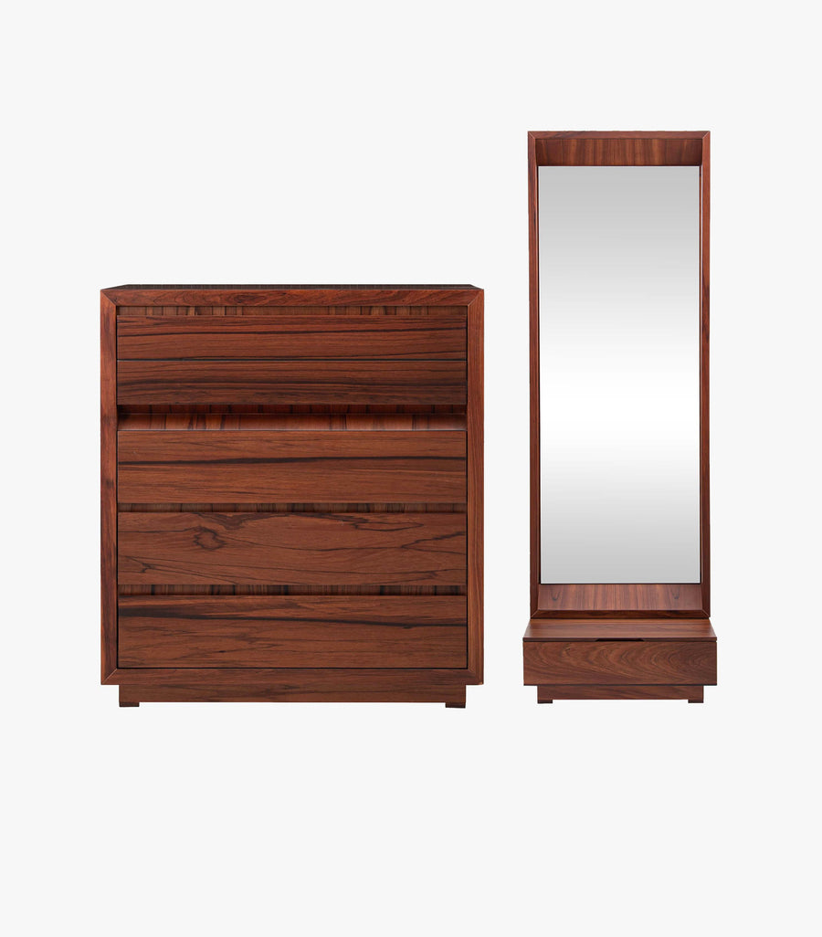 Cómoda Eider de madera con acabado Tzalam y espejo incluido en mueble de estilo moderno.