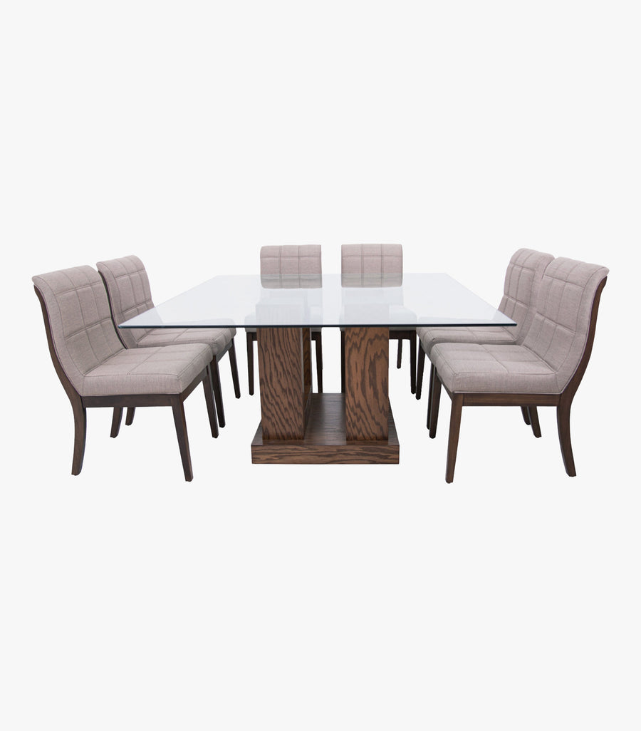 Comedor Maslow de madera con cristal para 8 personas, mesa cuadrada y sillas de tela color café, de la marca Avanti Muebles.