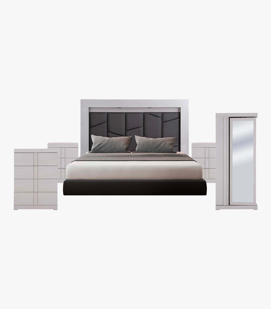 Conjunto de recámara king size Alpes de madera gris de Avanti Muebles con cabecera, dos burós, cajonera y espejo.