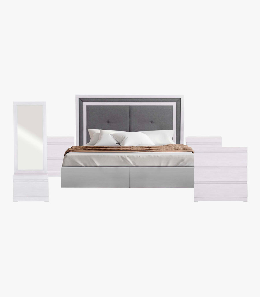 Recámara King Size River de madera gris con cabecera, 2 burós, cajonera y espejo, estilo moderno y elegante.