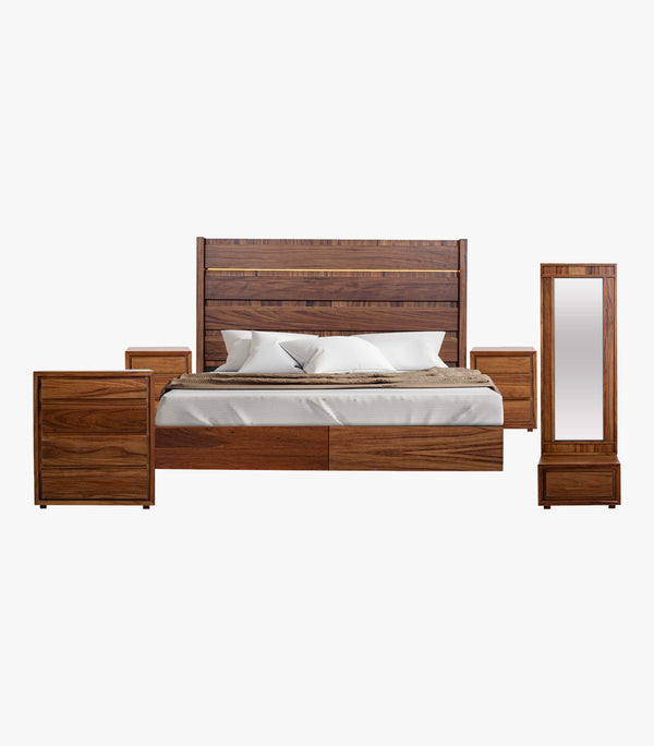 Recámara Zell King Size Acabado Parota Cama, 2 Buros, Cómoda Y Espejo