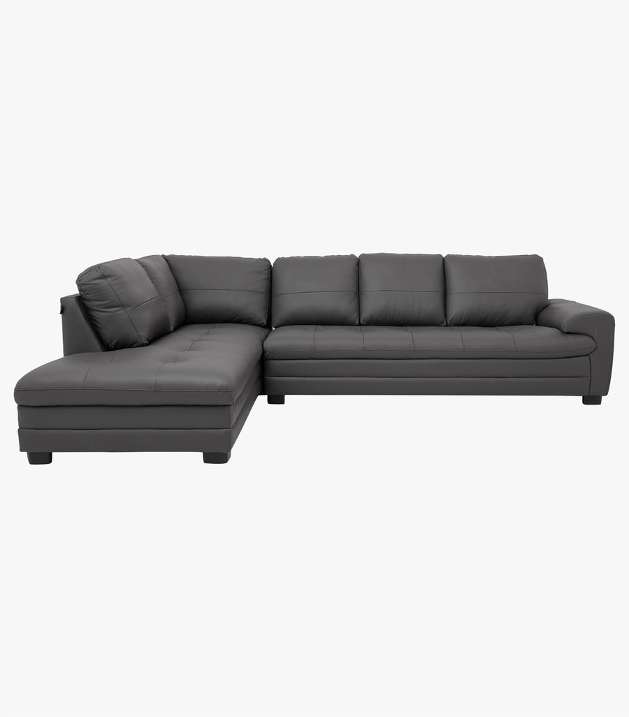 Sala esquinera izquierda Dolby de piel gris marca Boal, con cojines suaves y estructura moderna para sala de estar.