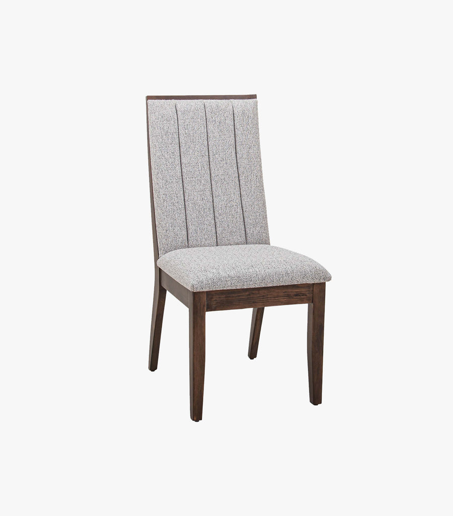 Silla Corbelli de tela gris de la marca Avanti Muebles vista de lado. Diseño moderno y confortable.